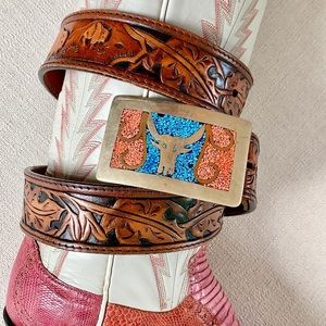LARRY MAHAN Vintage Tooled Leather Belt Silver Turquoise Western Belt Buckle Set